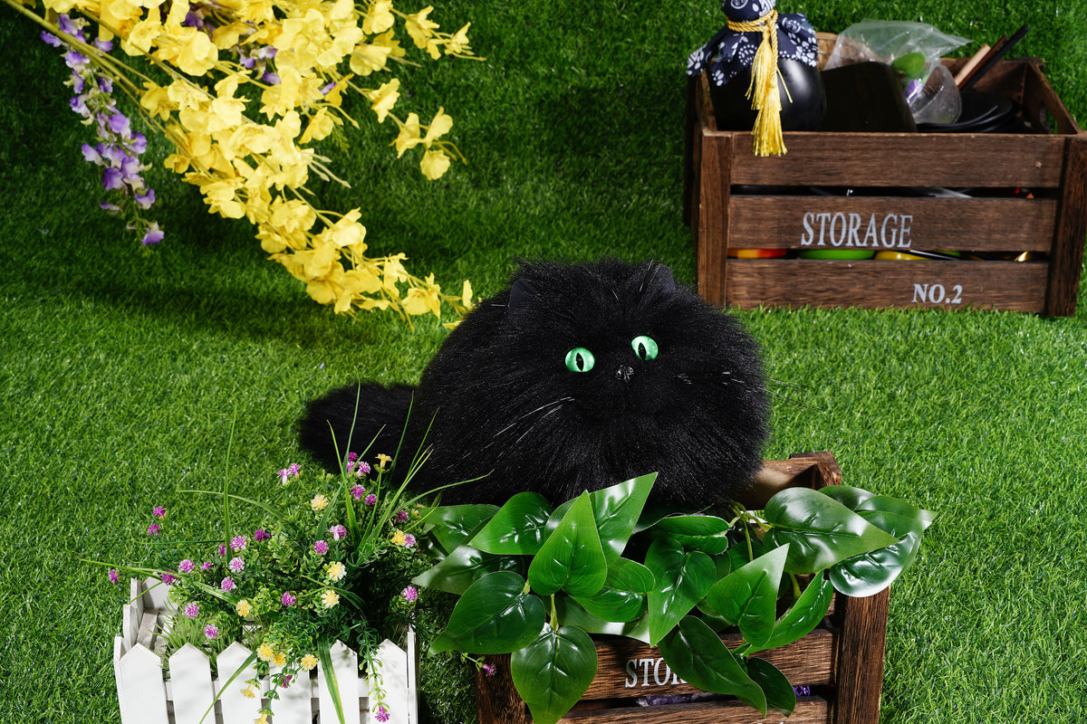 🎃MEOWCOOL Large Black Long-Haired Cat Plush Purse with Green Slit Eyes💚